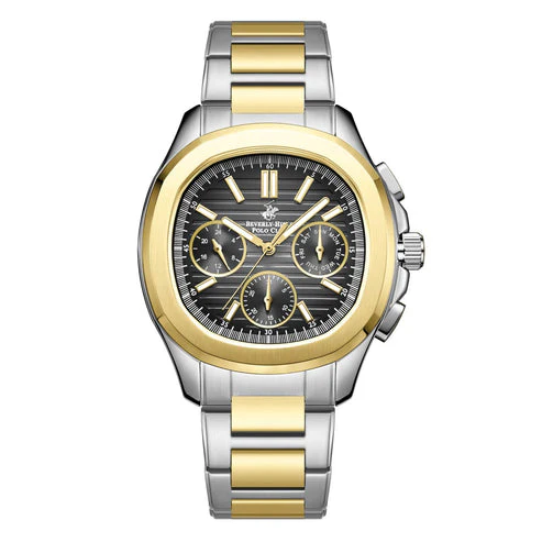 BEVERLY HILLS POLO CLUB MEN'S ANALOG WATCH, BLACK/SILVER DIAL MULTI-FUNCTION WITH TWO TONE STAINLESS STEEL Band, BP3212X.251